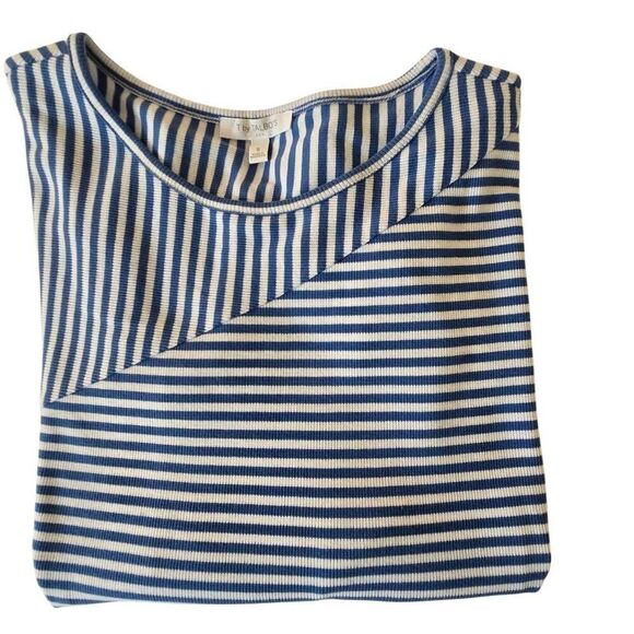 T By Talbots Womens Striped Cotton Blend Ribbed Knit Tee Blue White Small - Picture 9 of 10
